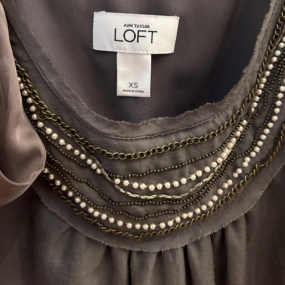 LOFT Bow Front Metallic and Pearl Beading Blouse